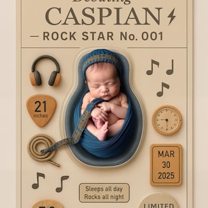 PSD: Anuncio de nacimiento editable - Tema de estrella de rock / Tarjeta de colección para recién nacidos (fondo digital)