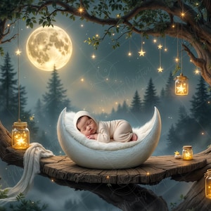 May include: A tranquil scene featuring a sleeping baby in a crescent moon bed, with a full moon and forest backdrop. The image is lit by hanging star lights and glowing jars, creating a magical, whimsical atmosphere. The scene evokes a sense of peace.