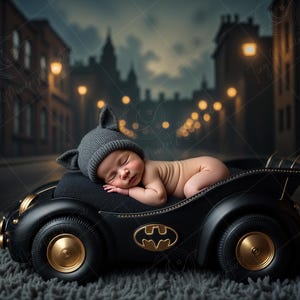 Può includere: Un bambino addormentato che indossa un berretto di lana grigio con orecchie da gatto è sdraiato in un'auto giocattolo nera con dettagli dorati. L'auto ha un logo di Batman sul lato. Lo sfondo è un'immagine sfocata di una strada cittadina di notte.