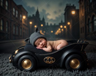 Newborn Digital Backdrop | Superhero Car Cradle at Night, Hero-Themed Baby Photo Prop
