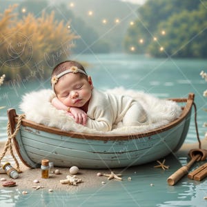 Könnte beinhalten: Ein neugeborenes Baby Mädchen schläft in einem Holzboot mit einer weißen Felldecke. Das Boot befindet sich an einem Sandstrand mit Muscheln und Seesternen. Der Hintergrund ist ein verschwommenes Bild eines Sees mit Bäumen und Lichtern.