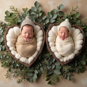 Peut inclure: Deux nouveau-nés endormis dans des paniers en osier en forme de cœur, doublés de matière blanche et moelleuse. Les bébés portent des bonnets tricotés et sont emmaillotés dans du tissu blanc et beige. Les paniers sont entourés de feuilles d'eucalyptus vertes.