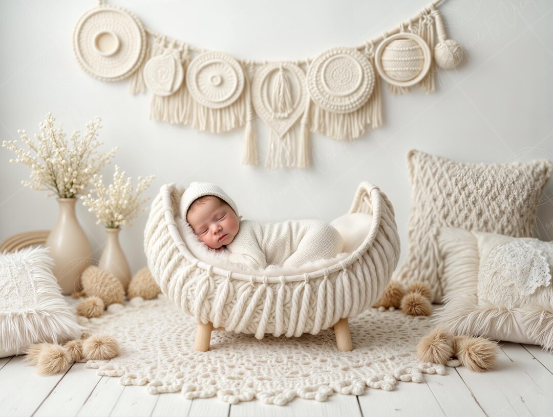 Newborn Digital Backdrop | Cream Macrame Nest With Boho Pillows ...