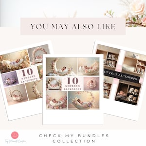 May include: A collage of digital images showcasing 10 newborn backdrops, featuring a variety of themes and styles. The backdrops include a crescent moon, a floral arrangement, and a swing. The text "10 Newborn Backdrops" is displayed on the collage.
