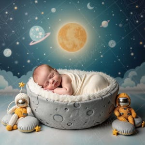 May include: A newborn baby sleeping in a grey moon-shaped prop with a white fluffy lining. Two astronaut toys are on either side of the prop. The background is a blue night sky with stars and planets.
