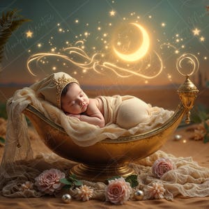 Digital bakgrund för nyfödd | Gyllene lampvagga med halvmåne, magisk arabisk öken, babyprop-scen