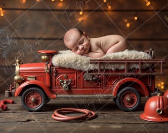 Camión de bomberos vintage / Accesorio rústico para bebé / Fondo digital para recién nacidos