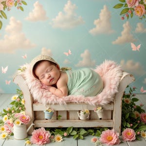 May include: A sleeping baby wearing a white crocheted hat and a light green dress lies on a white, faux fur-covered, wooden bench with a floral backdrop. The bench has a decorative railing with small, white watering cans hanging from it.