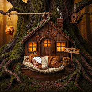 May include: A charming image of a baby in a bear outfit, sleeping in a tiny wooden house set into a tree. The house has lit windows and a sign saying "HONEY". A hanging beehive and a birdhouse complete the woodland scene.