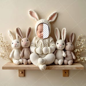May include: A white bunny costume with a knitted sweater and a white bunny hat. The costume is sitting on a wooden shelf with four plush bunny toys.