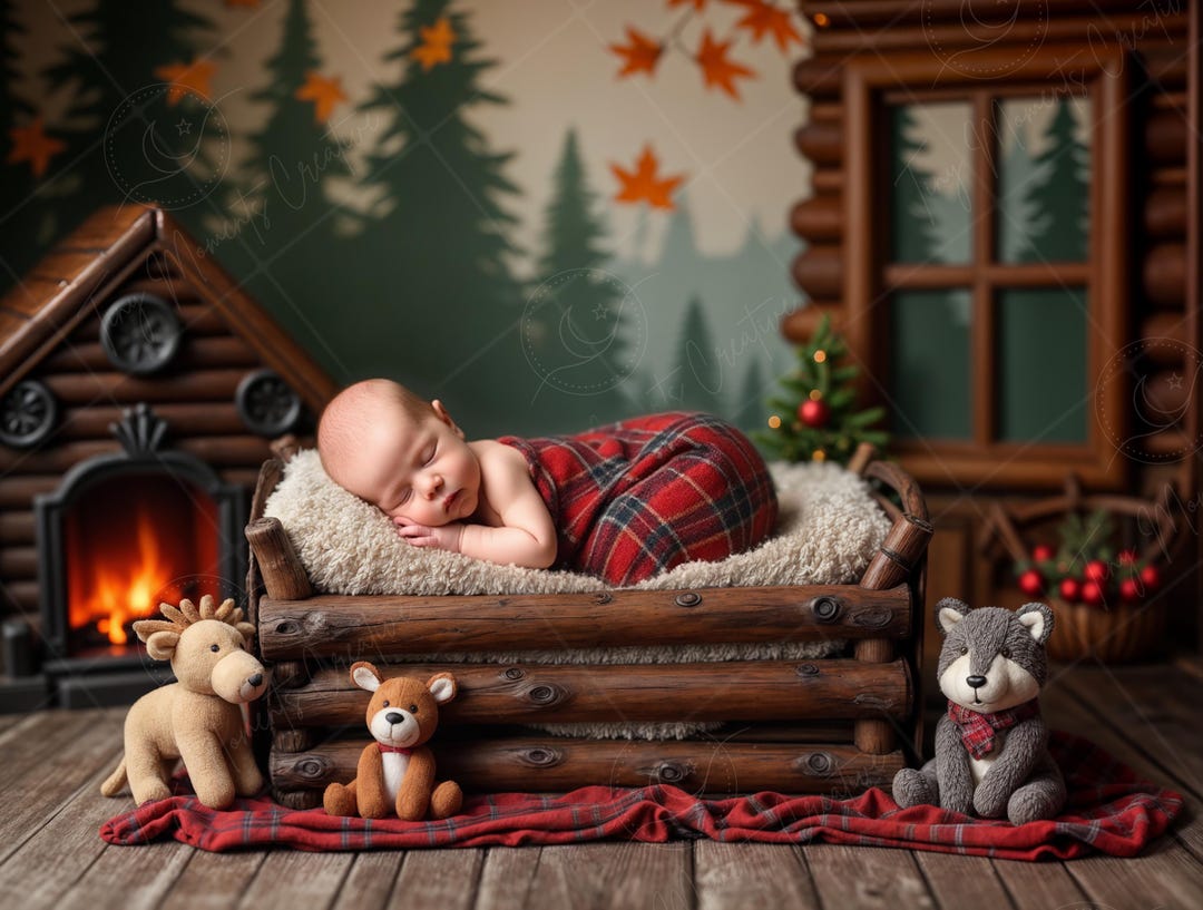 Newborn Digital Backdrop | Rustic Cabin Cradle With Woodland Plushies ...