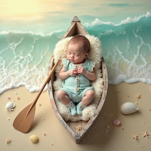Puede incluir: Un bebé recién nacido con un traje azul claro duerme plácidamente en un pequeño bote de madera. El bote descansa en una playa de arena con conchas marinas y estrellas de mar. Un remo de madera y olas en el fondo.