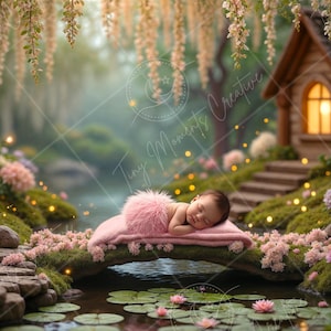 May include: A newborn baby sleeping on a pink blanket on a mossy bridge over a pond with lily pads. The scene is set in a whimsical forest with a small cottage in the background.