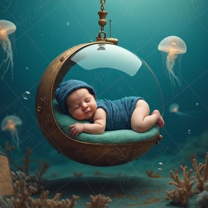 May include: A sleeping baby in a blue outfit and hat rests in a gold-colored, moon-shaped swing with a clear bubble. The scene is underwater with jellyfish and coral, creating a whimsical, dreamlike setting.