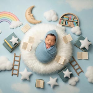 May include: A newborn baby wrapped in a blue blanket and hat, lying on a white fluffy surface. The scene is decorated with a rainbow, clouds, books, stars, a moon, and ladders, creating a whimsical, dreamy theme.