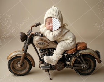 PSD: Face Insert Vintage Motorcycle Digital Backdrop - Baby Biker Theme, Newborn Digital Face Replace Backdrop | Add a face Prop |