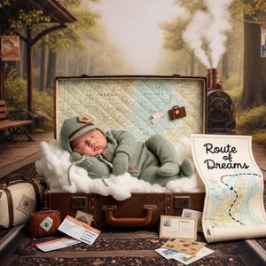 Op de afbeelding: Een slapende baby in een saliegroene outfit en hoed, rustend op een wolk in een vintage koffer. De koffer is open en toont een kaartontwerp. Een bord leest "Route of Dreams". Andere rekwisieten zijn een kleine trein, bagage en treinkaartjes.