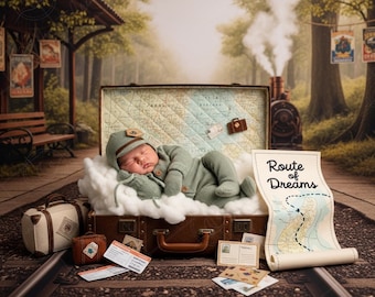 May include: A newborn baby in a sage green outfit and hat, sleeping on a cloud inside a vintage suitcase. The suitcase is open, revealing a map design. A sign reads "Route of Dreams". Other props include a small train, luggage, and train tickets.