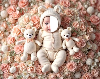 PSD: Teddybär Gesicht digitalen Hintergrund einfügen - Floral Baby Fotografie Prop, Neugeborenes digitales Gesicht ersetzen Hintergrund | Fügen Sie ein Gesicht Prop