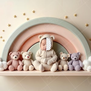 Puede incluir: Un bebé con un atuendo de punto blanco se sienta frente a un telón de fondo de arcoíris pastel. El bebé está rodeado de cuatro osos de peluche de felpa en rosa, crema, morado y crema. Los osos están sentados en un estante con nubes blancas y esponjosas a cada lado.