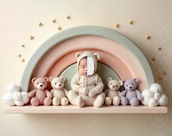 PSD: Gesicht einfügen Teddybär Regenbogen Regal, Neugeborenes digitales Gesicht ersetzen Hintergrund | Neugeborenen digitalen Hintergrund | Fügen Sie ein Gesicht Prop