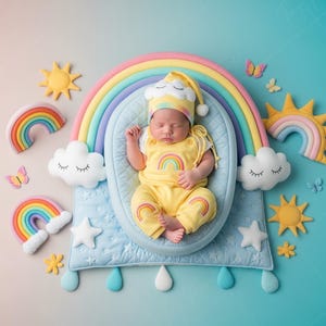 Puede incluir: Un recién nacido durmiendo, vestido con un mono y gorro amarillos con un diseño de arcoíris, dentro de un nido azul acolchado. La escena está decorada con accesorios de arcoíris, sol, nube y mariposa. El tema es una sesión de fotos de bebé caprichosa y colorida.