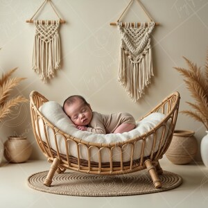May include: A newborn baby sleeping in a crescent-shaped wicker bassinet with a white cushion. The bassinet is on a beige rug in a room with a light beige wall. There are two macrame wall hangings and two dried pampas grass arrangements in white ceramic pots.