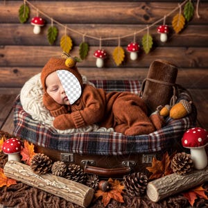 Puede incluir: Un bebé recién nacido con un conjunto y gorro de punto naranja, durmiendo plácidamente en una cesta forrada con cuadros. La escena está decorada con elementos temáticos de otoño como setas, hojas y bellotas, creando una estética otoñal acogedora.