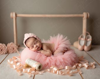 Newborn Digital Backdrop | Baby Girl Ballet Tutu Scene with Barre, Slippers & Sheet Music | Dance Studio Prop