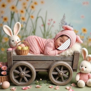 PSD: Face Insert Bunny Wagon Spring Scene, Newborn Digital Face Replace Backdrop | Newborn Digital Backdrop