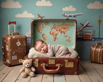 Newborn Digital Backdrop | Vintage Travel Suitcase Cradle with World Map Theme  | Newborn Digital Background