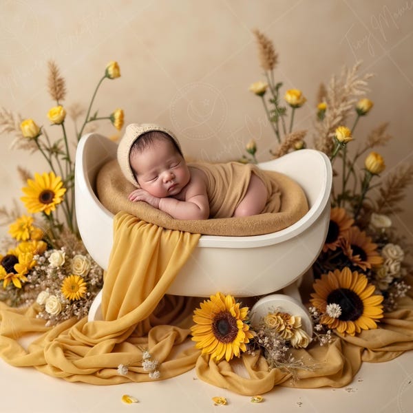 Neugeborenen digitalen Hintergrund | Sonnenblume Baby-Bett-Szene, gelbe Blumen Neugeborenen Prop für Sommer Fotos
