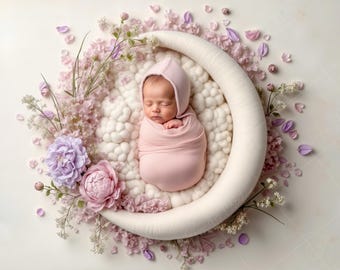 Newborn Digital Backdrop | Pink Floral Moon Cradle with Soft Petals | Baby Photography Prop
