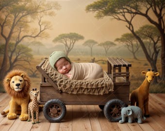 Newborn Digital Backdrop | Wooden Safari Jeep Cradle with Jungle Animals, Wildlife Adventure Baby Photo Prop