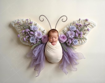 Newborn Digital Backdrop | Lavender Butterfly Wings with Floral Accents, Garden Baby Photography Background
