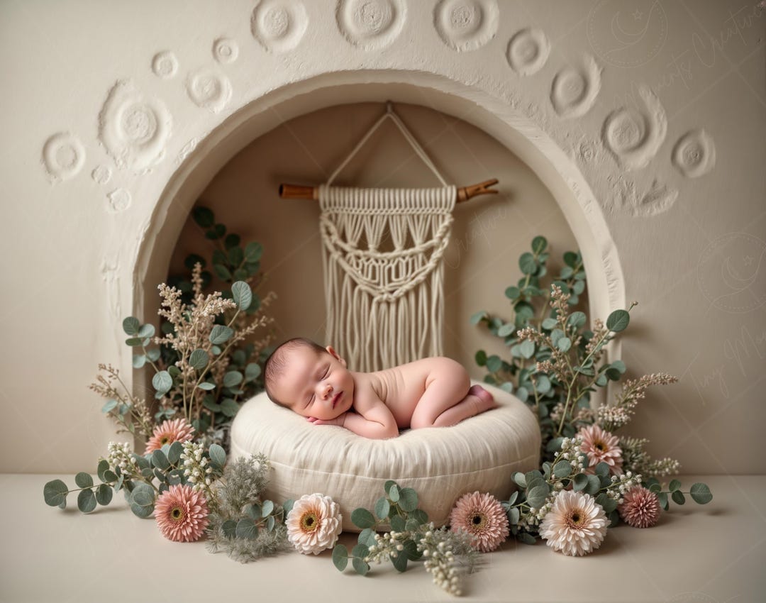 Newborn Digital Backdrop | Boho Macramé Cradle With Blush Flowers ...