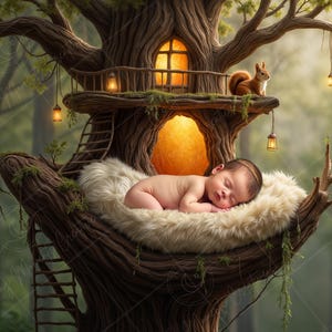 Newborn Digital Backdrop | Enchanted Treehouse Cradle with Lanterns, Woodland Forest Baby Bed, Squirrel Baby Prop Background