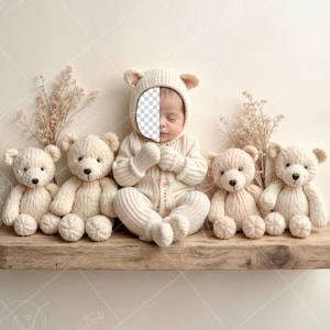 PSD: Teddy Bear Face Insert Digital Backdrop - Neutral Baby Photography Prop, Newborn Digital Face Replace Backdrop
