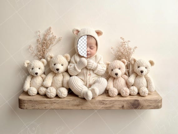 PSD: Teddy Bear Face Insert Digital Backdrop - Neutral Baby Photography Prop, Newborn Digital Face Replace Backdrop