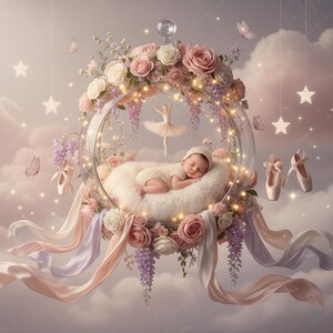 May include: A newborn baby sleeps peacefully in a fluffy bed inside a glass orb, surrounded by flowers, lights, and ribbons. Ballet shoes and hanging stars add to the dreamy, whimsical scene. Soft pink and white hues dominate the image.