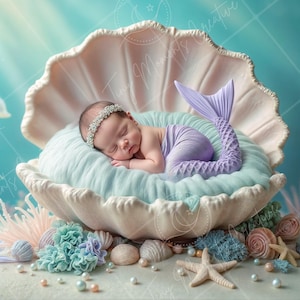 May include: A newborn baby dressed as a mermaid sleeps in a large seashell. The baby is wearing a purple tail and a crown. The seashell is surrounded by seashells, pearls, and starfish.