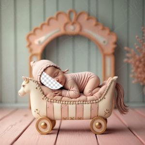 May include: A sleeping infant in a pink onesie and cap rests in a decorative, horse-shaped carriage. The carriage is cream-colored with pink stripes and gold wheels. The background includes a decorative arch and a vase of dried flowers.