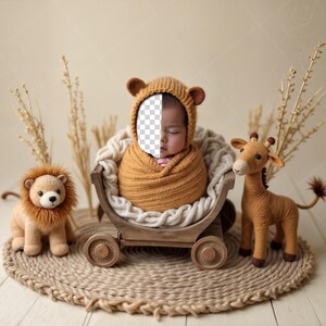 May include: A newborn baby wrapped in a brown blanket and wearing a bear hat, nestled in a wooden wagon. A plush lion and giraffe sit on a woven mat, with dried plants in the background. The scene evokes a safari theme.