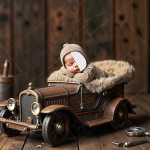 May include: A vintage toy car with a brown wooden body and black wheels. A baby is sleeping in a brown fur-lined basket on top of the car. The car is sitting on a wooden floor.