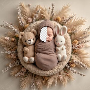 PSD: Face Insert Bunny & Bear Boho Nest, Newborn Digital Face Replace Backdrop | Newborn Digital Backdrop