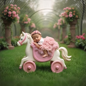 Neugeborenen digitalen Hintergrund | Rosa Pony Wagen im Tunnel mit Blumen Garten Tunnel, Baby Girl Prop Szene
