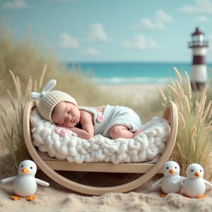 May include: A sleeping baby wearing a knit hat with bunny ears and a swaddle blanket rests in a wooden cradle on a sandy beach. Two small penguin figurines stand nearby. A lighthouse is visible in the background.