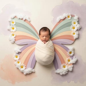 May include: A newborn baby wrapped in a cream-colored blanket, positioned in the center of a pastel rainbow butterfly prop. The butterfly wings are adorned with white clouds and daisies, set against a soft watercolor background.