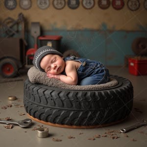 以下が含まれることがあります： グレーの帽子とデニムのオーバーオールを着た眠っている赤ちゃんが、ふわふわの枕が付いたタイヤのベッドで休んでいます。赤ちゃんは、工具やヴィンテージの装飾があるガレージの中にいます。