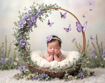 Newborn Digital Backdrop | Lavender Floral Hoop Cradle with Butterflies, Purple Baby Basket Scene, Spring Garden Photo Prop
